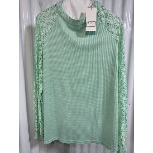 Miholl Torquoise Long Steve Lace Shirt With Waffle Weave Size L NWT - Picture 1 of 6